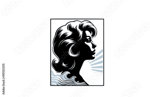 Italian Cinema Siren with Wavy Hair Silhouette, 1960s European Movie Star Vector Sticker, Mediterranean Glamour Illustration