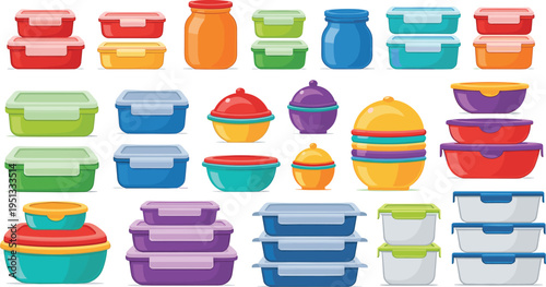 Colorful Food Storage Containers and Kitchen Bowl Vector Icon Set Featuring Plastic Lunch Boxes Jars Meal Prep Containers and Kitchen Organization Illustration