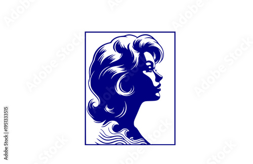 Italian Cinema Siren with Wavy Hair Silhouette, 1960s European Movie Star Vector Sticker, Mediterranean Glamour Illustration