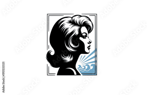 Italian Cinema Siren with Wavy Hair Silhouette, 1960s European Movie Star Vector Sticker, Mediterranean Glamour Illustration
