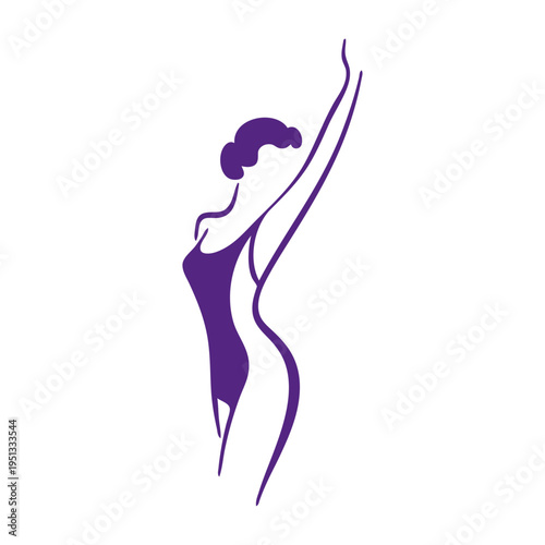 Logotipo con dibujo con líneas de una mujer con bikini de estilo retro, posando de pie con un brazo levantado 