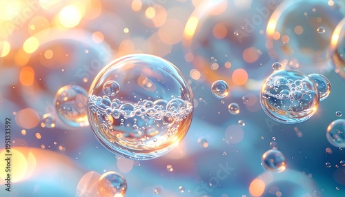 Luminous Microscopic Bubbles in Clear Liquid with Sparkling Bokeh Lights