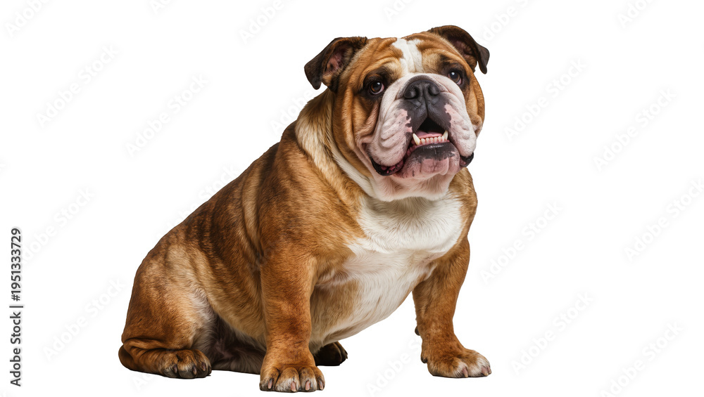 Fototapeta premium Isolated English Bulldog sitting and looking forward, a cute domestic pet with an expressive face