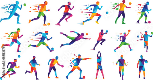 Colorful Geometric Athlete Vector Icon Set Featuring Running Jumping Throwing and Dynamic Sports Activity Silhouettes with Abstract Motion Shapes