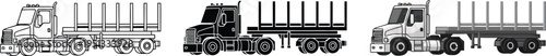 Three distinct vector illustrations of logging trucks presented in outline solid and gradient grayscale styles for industrial concepts