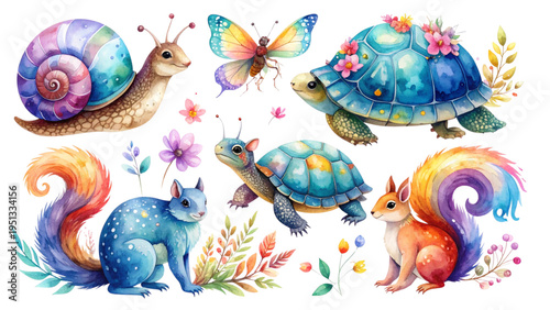 Fantasy colorful animals collection featuring snail with swirls turtle with flowers winged insect and squirrel with rainbow tail decor