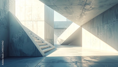 Geometric concrete interior bathed in strong light and shadow, featuring an abstract, minimalist staircase