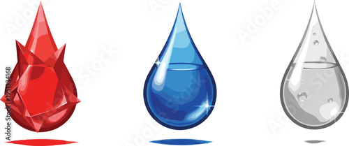 Colorful Water Drop Icon Set – Vector Illustration of Red, Blue, and Silver Droplets for Water, Liquid, and Elemental Design Themes