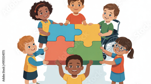 Diverse children assembling colorful puzzle pieces together in teamwork and cooperation