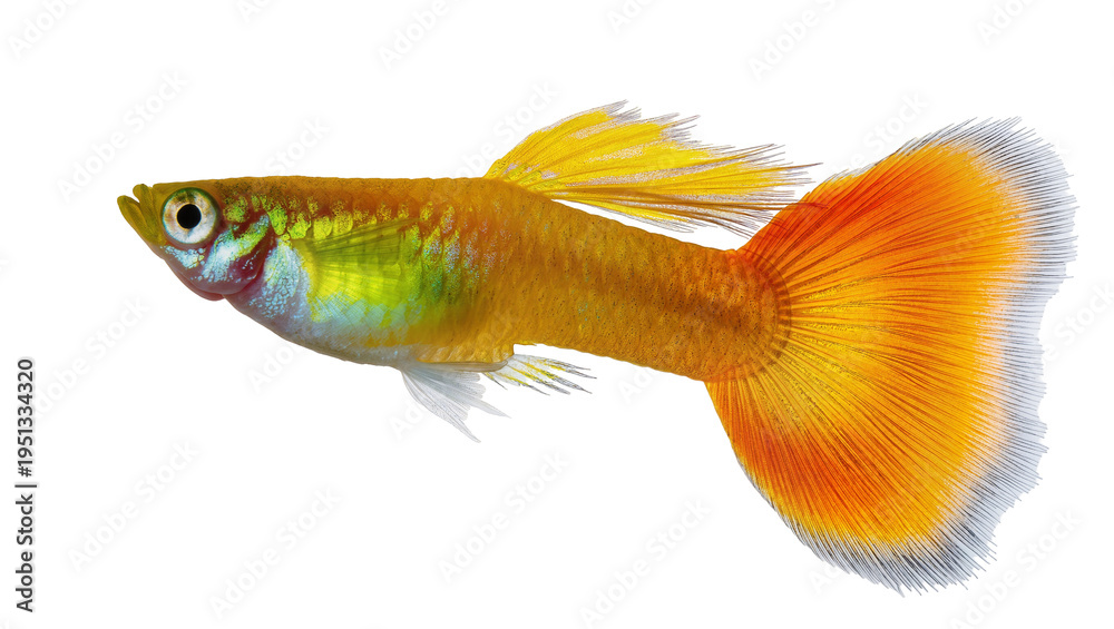 Fototapeta premium Isolated vibrant orange and yellow male guppy fish with flowing fins, beautiful aquatic pet