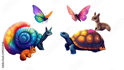 Fantasy colorful animals collection featuring snail with swirls turtle with flowers winged insect and squirrel with rainbow tail decor