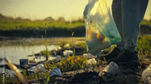 An environmental volunteer's hands sort plastic waste from glass trash during an evening cleanup in a natural ecosystem, supporting sustainability and conservation efforts to protect nature