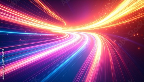 Dynamic abstract light trails forming a futuristic speed tunnel, symbolizing high-tech connectivity and digital innovation