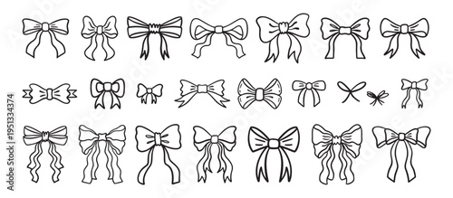 Various doodle bows Set. Bow knots, tie ups, gift ribbons, . Hand Bow Gift bows, doodle style. Festive decoration, invitation elements, packaging, wedding design