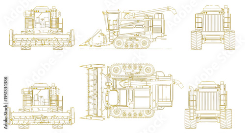 Combine Harvester Rubber Track AutoCAD Blueprint Vector – Agricultural Machinery Technical Multiview Yellow Outline Drawing