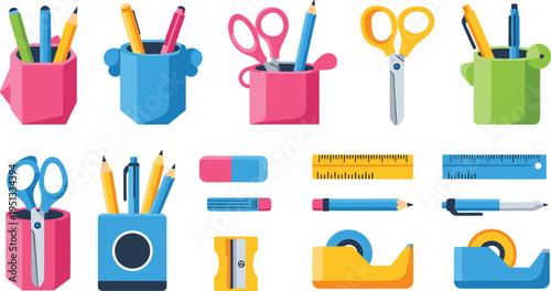 Colorful Office Stationery Icons Set with Pencils, Scissors, Erasers, Rulers, and Tape Dispensers Vector Illustration