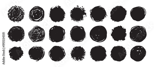 Round grunge scratch and textured ink brush strokes set. isolated vector black Collection. Dirty expressive hand drawn inky stains and blobs