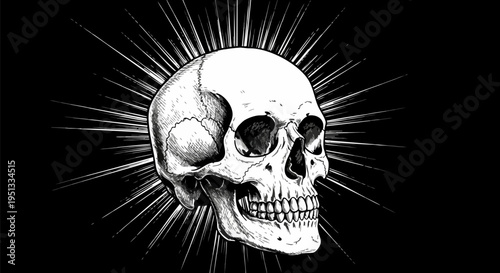 Detailed Hand-Drawn Human Skull Vector Illustration with Bright White Light Rays on a Solid Black Background, Ideal for Dark Art, Halloween, or Gothic Designs