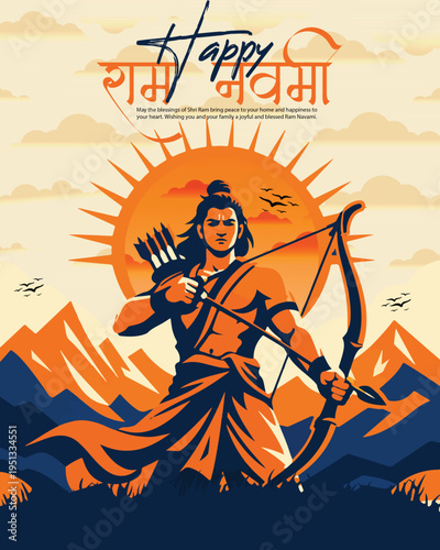 Ram Navami Festival Social Media Post Template, Lord Ram Vector Illustration, Hindu Festival Greeting Design, Modern Indian Religious Celebration Banner