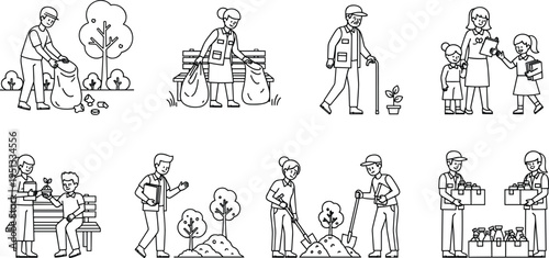 Community Volunteer Activities and Social Help Icon Set Featuring Cleaning, Planting, Charity Support, Helping People, and Environmental Care Scenes