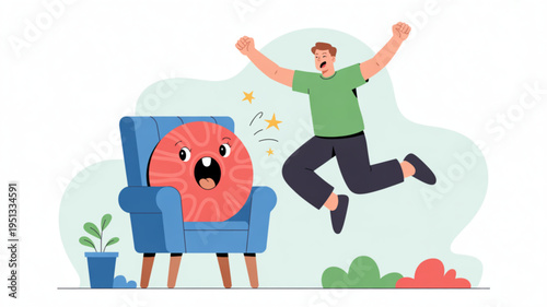 Man jumping for joy with a smiling brain on a blue armchair feeling happy and relieved surrounded by plants and colorful background