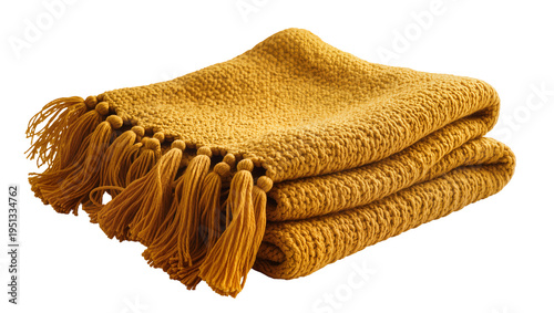 Obraz na płótnie Isolated beautifully folded mustard yellow knitted blanket with decorative tasse