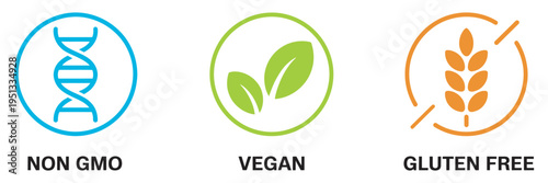 Vegan Non GMO Gluten Free icon set, colorful nutrition pictograms, organic food packaging labels, healthy diet symbols, natural product vector design