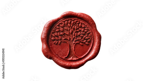 Isolated traditional red wax seal with embossed tree of life symbol on an important document