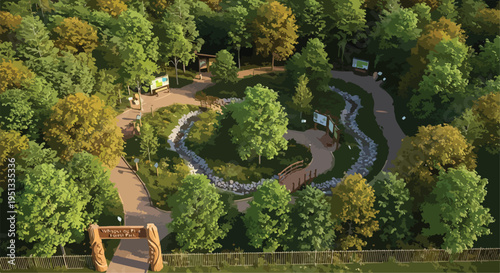 Aerial view of a winding nature trail and park with lush green trees, walking paths, and wooden bridge, ideal for outdoor recreation and environmental projects