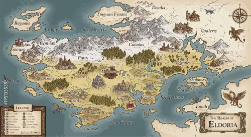 Fantasy map of Eldoria with mythical creatures, castles, forests, mountains, and oceans, ideal for game design or book illustrations