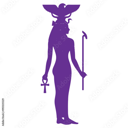 Ancient egyptian goddess silhouette female figure with staff and ankh isolated on transparent background