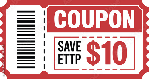 Red discount coupon save ten dollars on polka dot background with barcode for shopping sale promotion