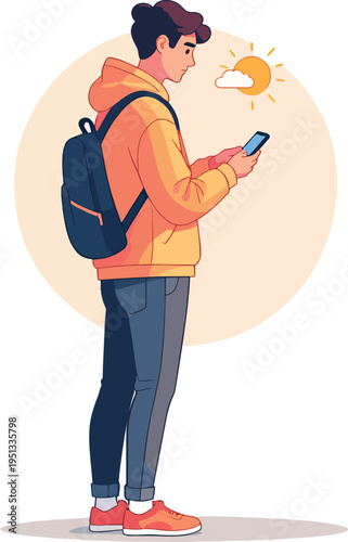 Illustrazione vettoriale di una persona in piedi che guarda lo smartphone. Concetto di comunicazione digitale, social media, tecnologia e connessione, ideale per lifestyle moderno, app e utilizzo quot