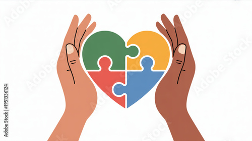 Diverse hands holding heart shaped puzzle pieces symbolizing unity and diversity in a colorful illustration
