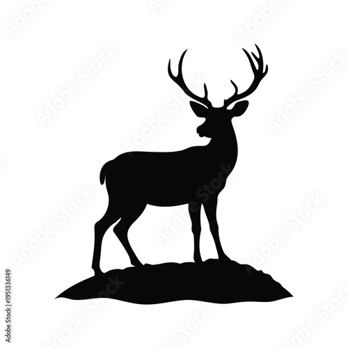 Black and white silhouette of a majestic deer standing on a hill, vector illustration design, deer silhouetted on hilltop silhouette vector illustration