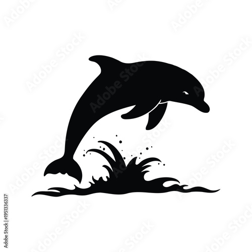 Dolphin leaping out of water with splash silhouette vector illustration, dolphin breaching surface silhouette vector illustration