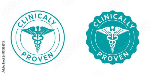 Clinically proven badge set, teal medical caduceus symbols, healthcare quality certification labels, pharmacy and hospital icons, isolated vector design