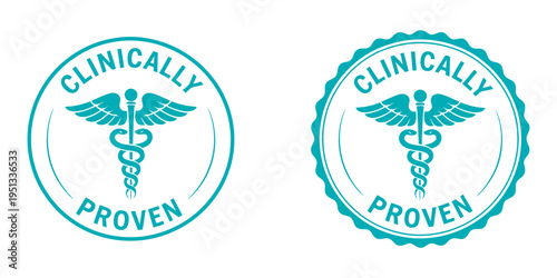 Clinically proven medical badges set, teal caduceus symbol icons, healthcare certification labels, pharmaceutical quality seals, isolated vector illustration
