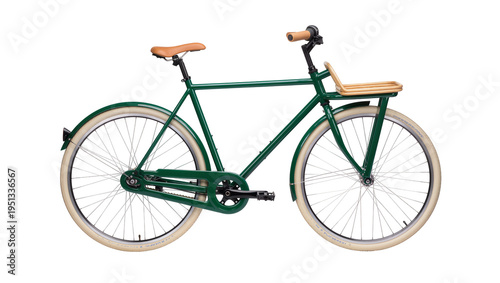 Isolated classic green city bicycle with a front wooden rack and vintage cream tires
