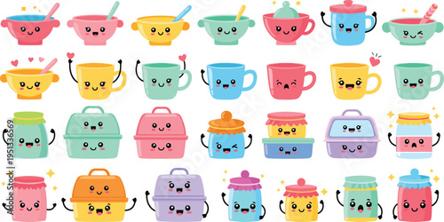 Cute Kawaii Kitchen Container and Cup Characters Vector Set Featuring Smiling Bowls Mugs Lunch Boxes and Food Storage Jars Cartoon Illustration
