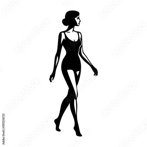 Logotipo con dibujo con líneas de una mujer con bikini de estilo retro, posando mientras camina 