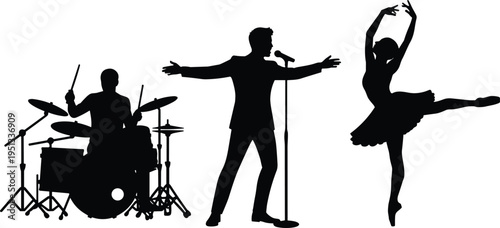 Silhouette of performing artists including drummer, singer, and ballerina showcasing music, dance, creativity, entertainment, artistic performance illustration