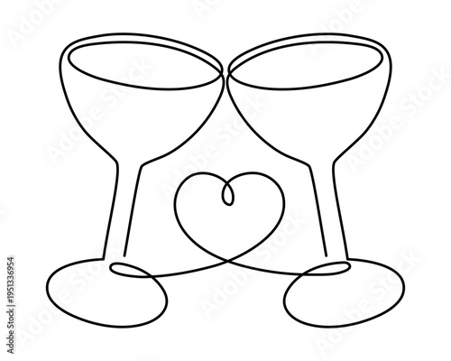 Wine cocktail glasses celebrating holiday 2027 new year one line art,  hand drawn long drink continuous drawing contour. Cheers romantic Valentine's Day alcohol festival toast. Editable stroke.