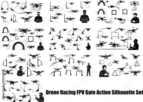 Drone Racing FPV Gate Action Silhouette Set Flat Vector