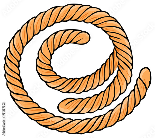 Cartoon illustration of spiral rope, knotted cord in coils, nautical loop shape in amber