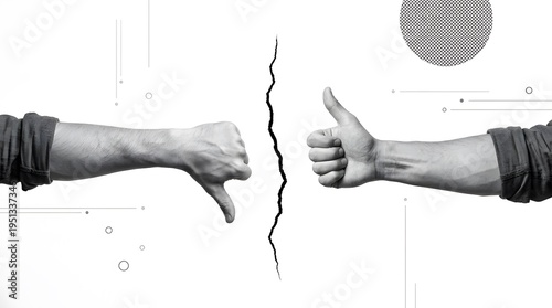 A black and white image of two hands on either side of a crack, one giving a thumbs down and the other a thumbs up