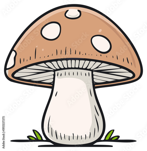 Cartoon style mushroom with white spots and gills growing in the grass