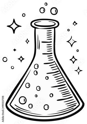 Hand drawn cartoon of a chemistry flask with a bubbling magical potion and sparkles