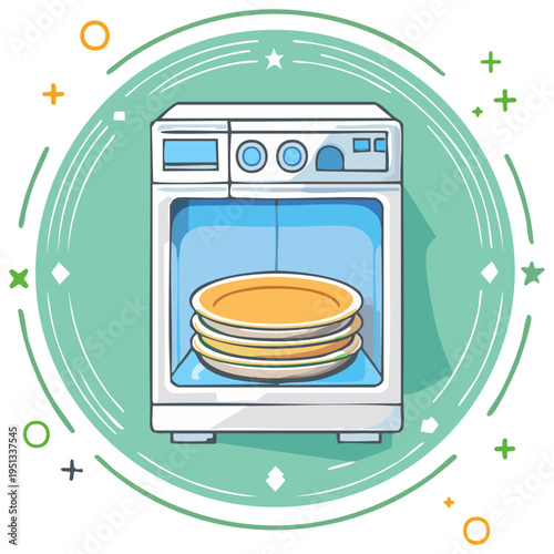 Dishwasher with Clean Plates: Illustration of Home Appliance and Dish Cleaning Concept