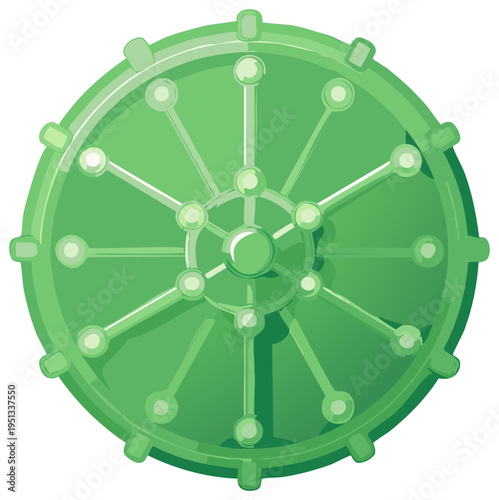 Green abstract wheel with a central hub and radiating spokes